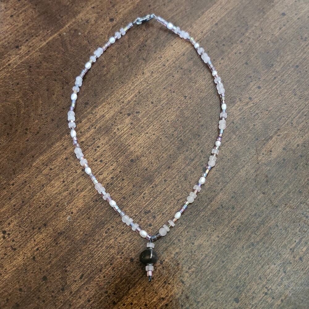Sterling Silver Pearl Rose Quartz Acrylic Plastic Choker Necklace 15in Pendant